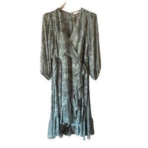 Calvin Klein Light Blue/Mint Green Paisley Faux-Wrap Ruffle Dress in Size 8